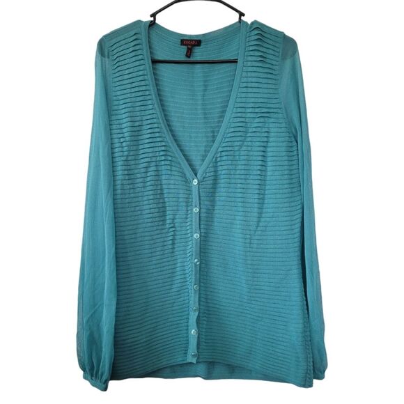 Escada Teal Blue Button Front Cardigan Sheer Sleeves Size 42 (Large)